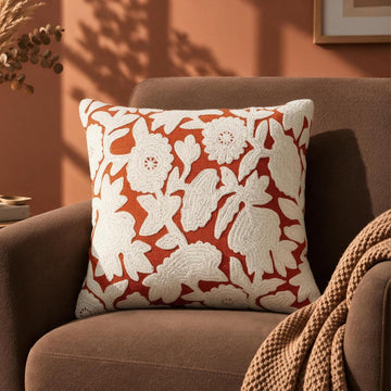 HOKIPO Plush Crewel Embroidery Cushion Cover, Floral Burnt Orange, 16 x 16 in - image 1