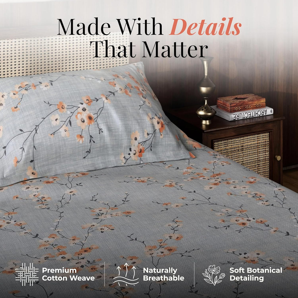 HOKIPO King Size Cotton Bedsheet, 2 Pillow Covers, Sage Sprigs, Sage Blue - image 4