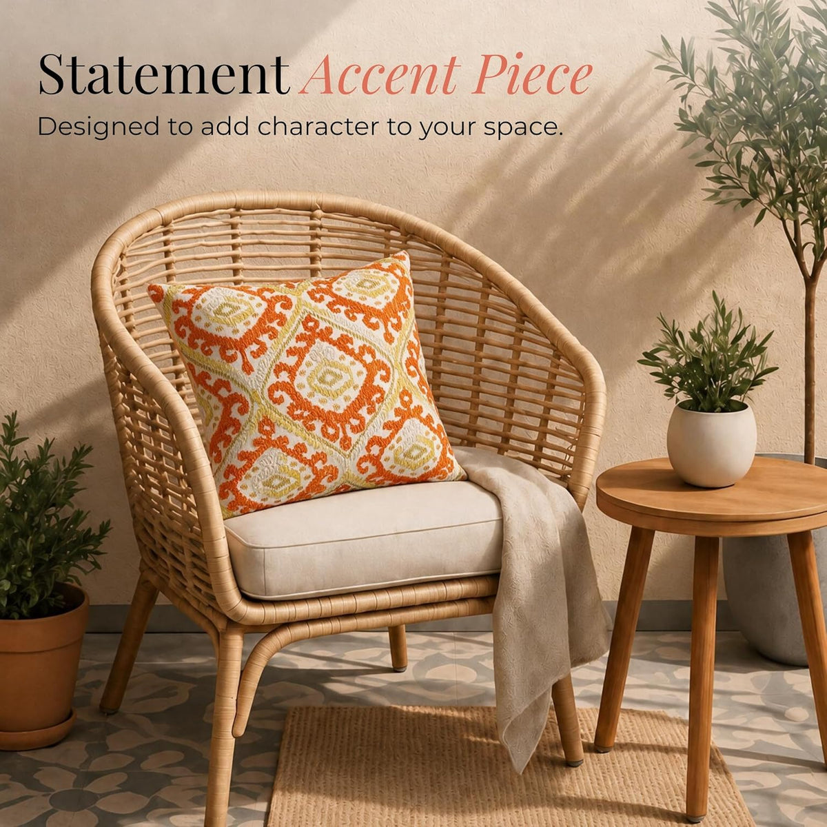 HOKIPO Printed Cushion Cover with Embroidery, Paisley Saffron Orange, 16 x 16 in - image 5
