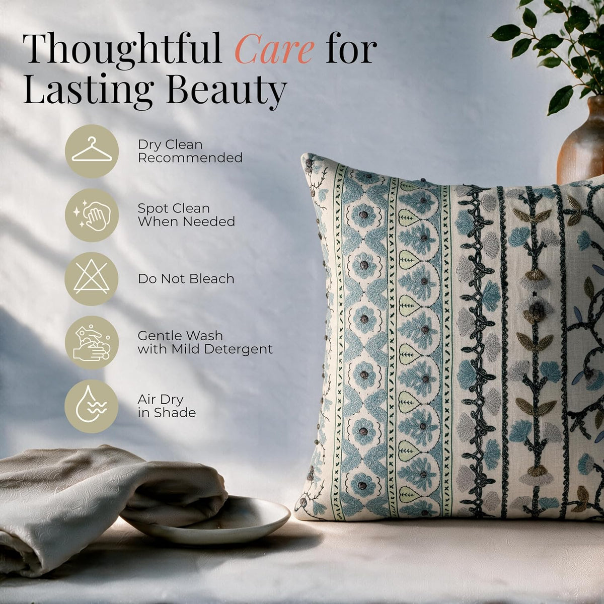 HOKIPO Printed Cushion Cover with Embroidery, Floral Strip Ivory, 16 x 16 in (Heathered Embroidery) - image 6