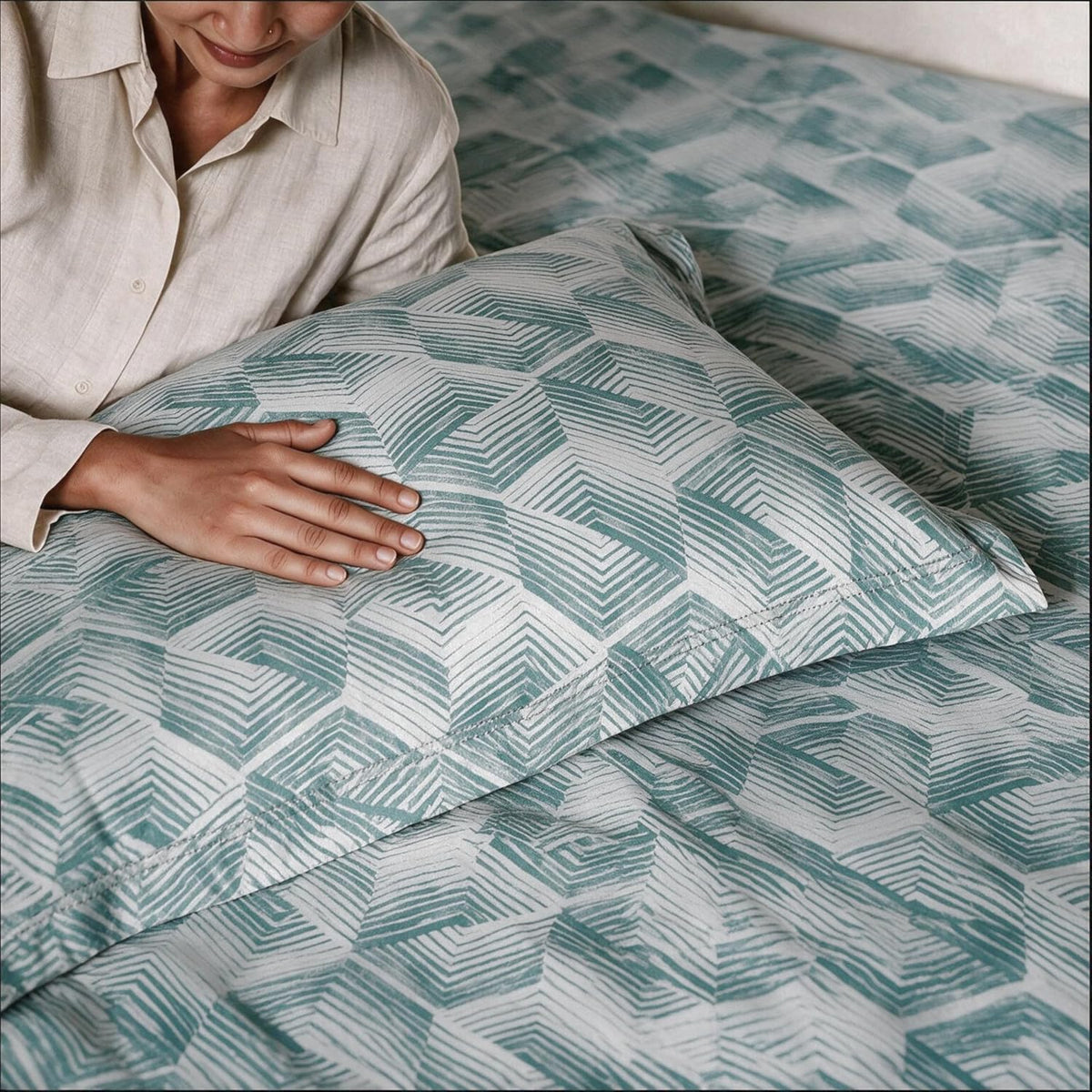 HOKIPO Geometric 210 TC Cotton Sateen Flat Bedsheet, King Size, Teal Eggshell - image 7