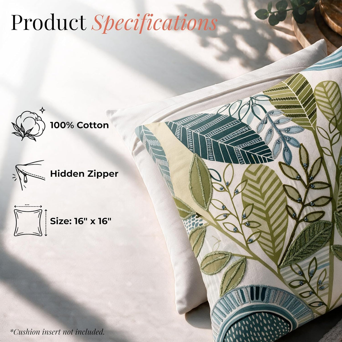 HOKIPO Chenille Embroidery Cushion Cover, Leafscape Green, 16 x 16 in - image 4