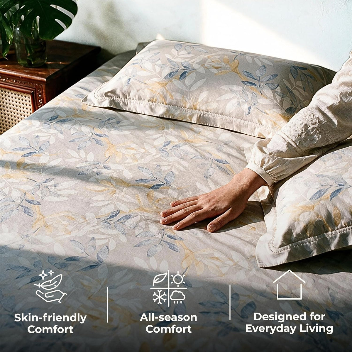 HOKIPO Botanical 210 TC Cotton Sateen Flat Bedsheet, King, Cream & Blue - image 4