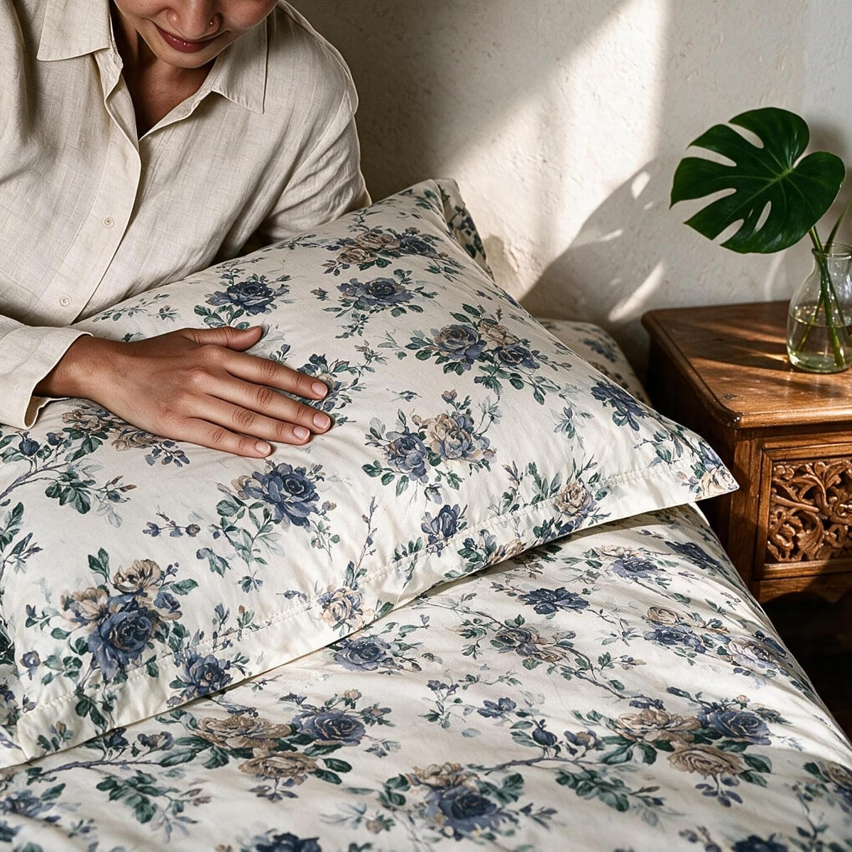 HOKIPO Floral 180 TC Cotton Twill Flat Bedsheet in King Size, Blue & White - image 7