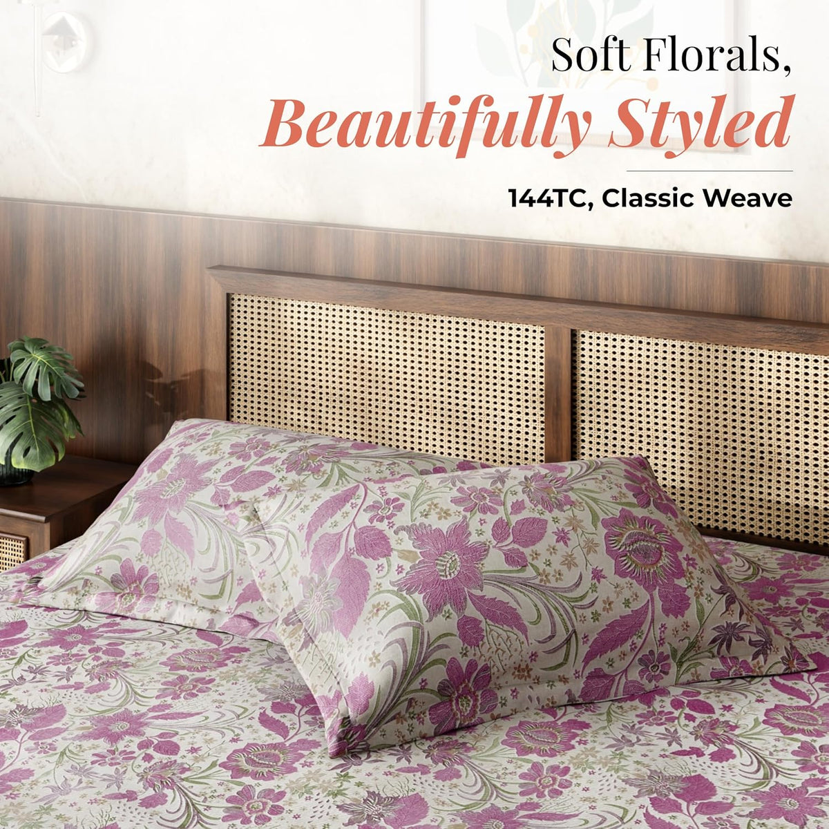 HOKIPO King Size Cotton Bedsheet, 2 Pillow Covers, Etched Botanicals, Plum - image 2