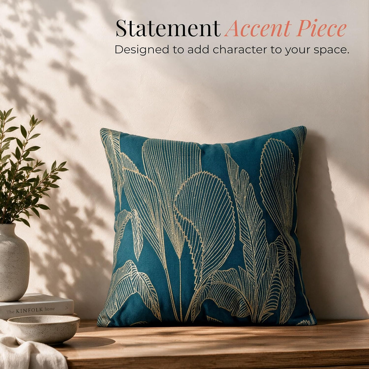 HOKIPO Embroidered Cushion Cover with Foil Print, Tropical Leaf Teal, 16 x 16 in - image 5