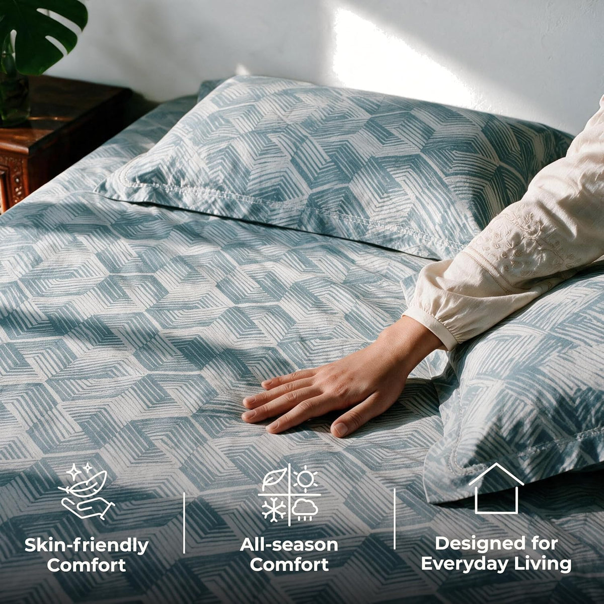 HOKIPO Geometric 210 TC Cotton Sateen Flat Bedsheet, King Size, Teal Eggshell - image 4