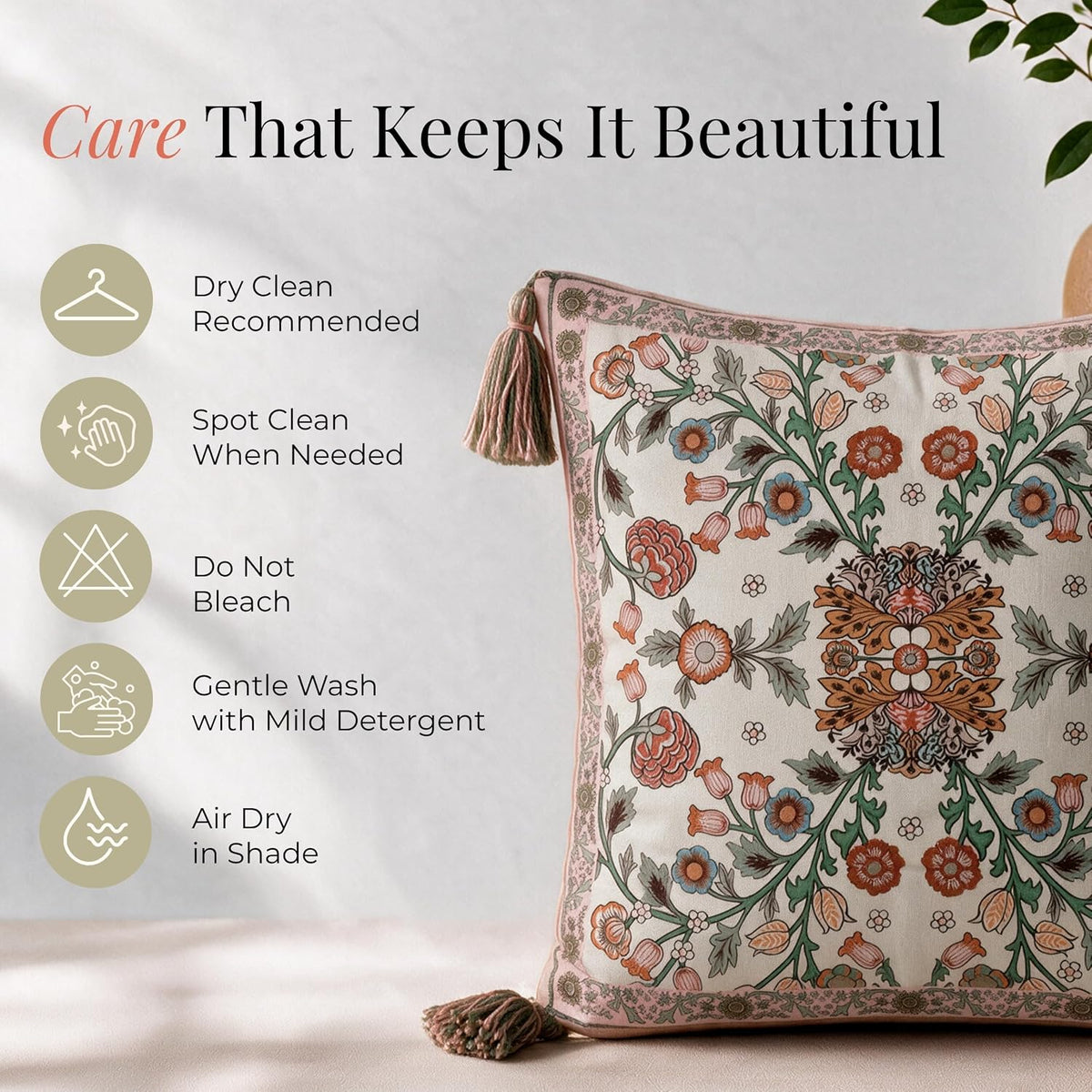 HOKIPO Floral Heritage Printed & Embroidered Cushion Cover, Saffron, Set of 2 - image 7