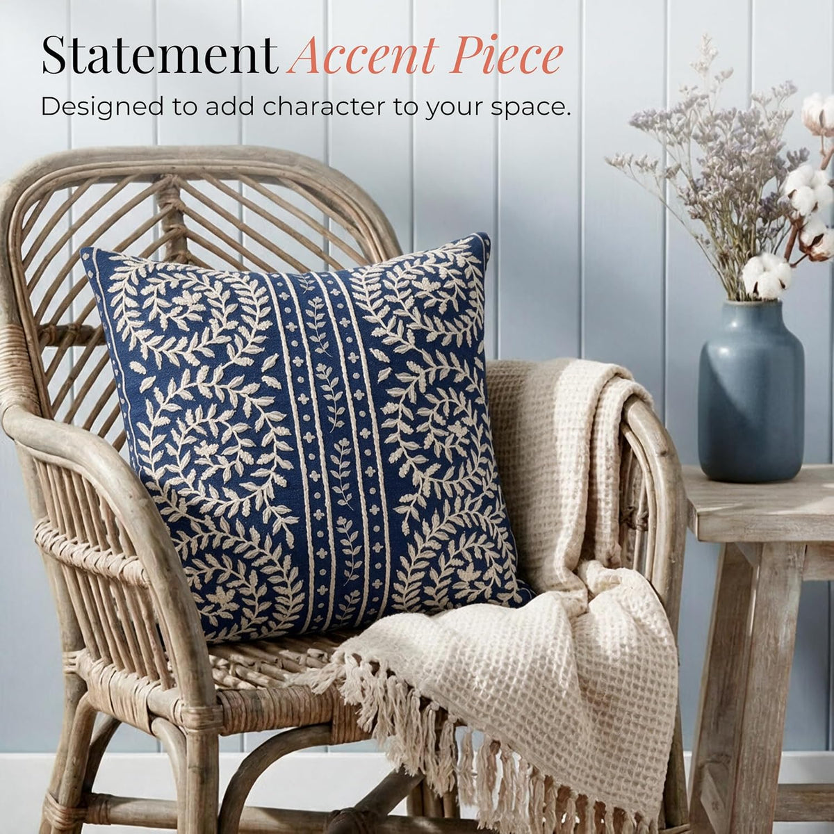 HOKIPO Printed Cushion Cover with Embroidery, Botanical Stripe Blue, 16 x 16 in - image 5