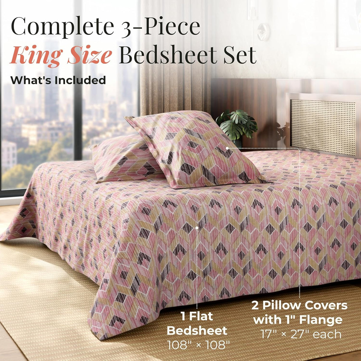 HOKIPO King Size Cotton Bedsheet, 2 Pillow Covers, Geometric, Blush Sand - image 7