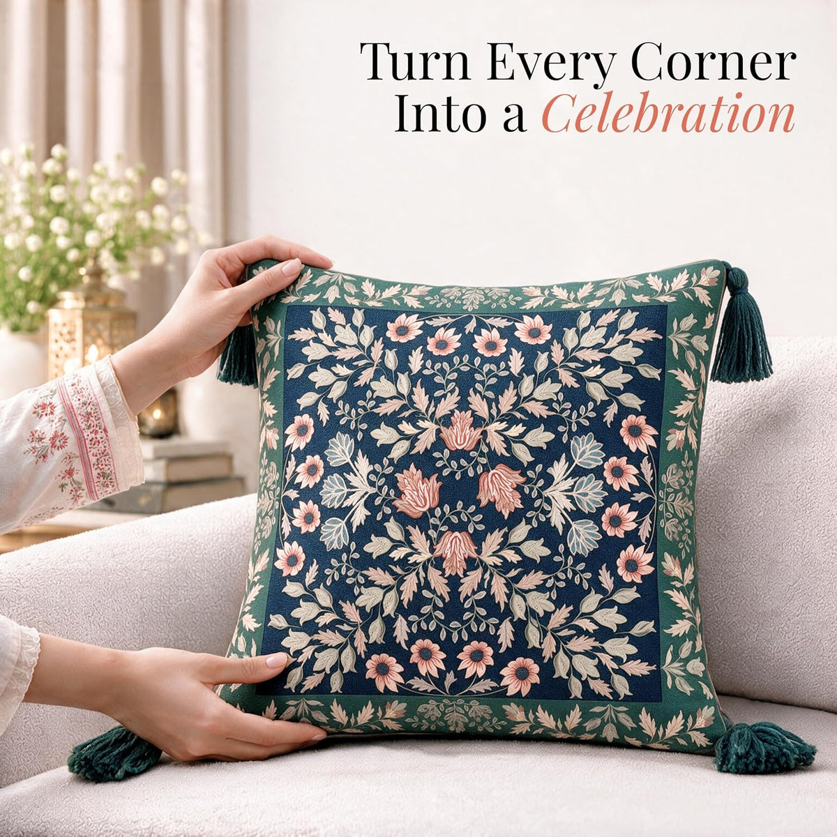HOKIPO Floral Printed & Embroidered Cushion Cover, Midnight Blue, Set of 2 - image 2