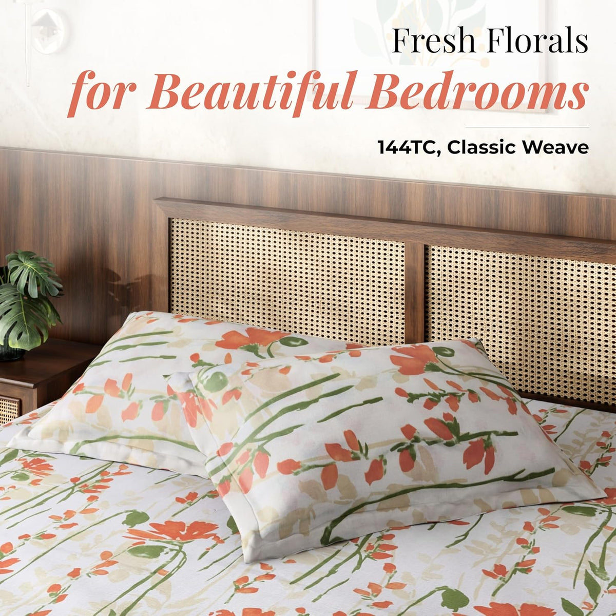 HOKIPO King Size Cotton Bedsheet, 2 Pillow Covers, Floral, Terracotta - image 2