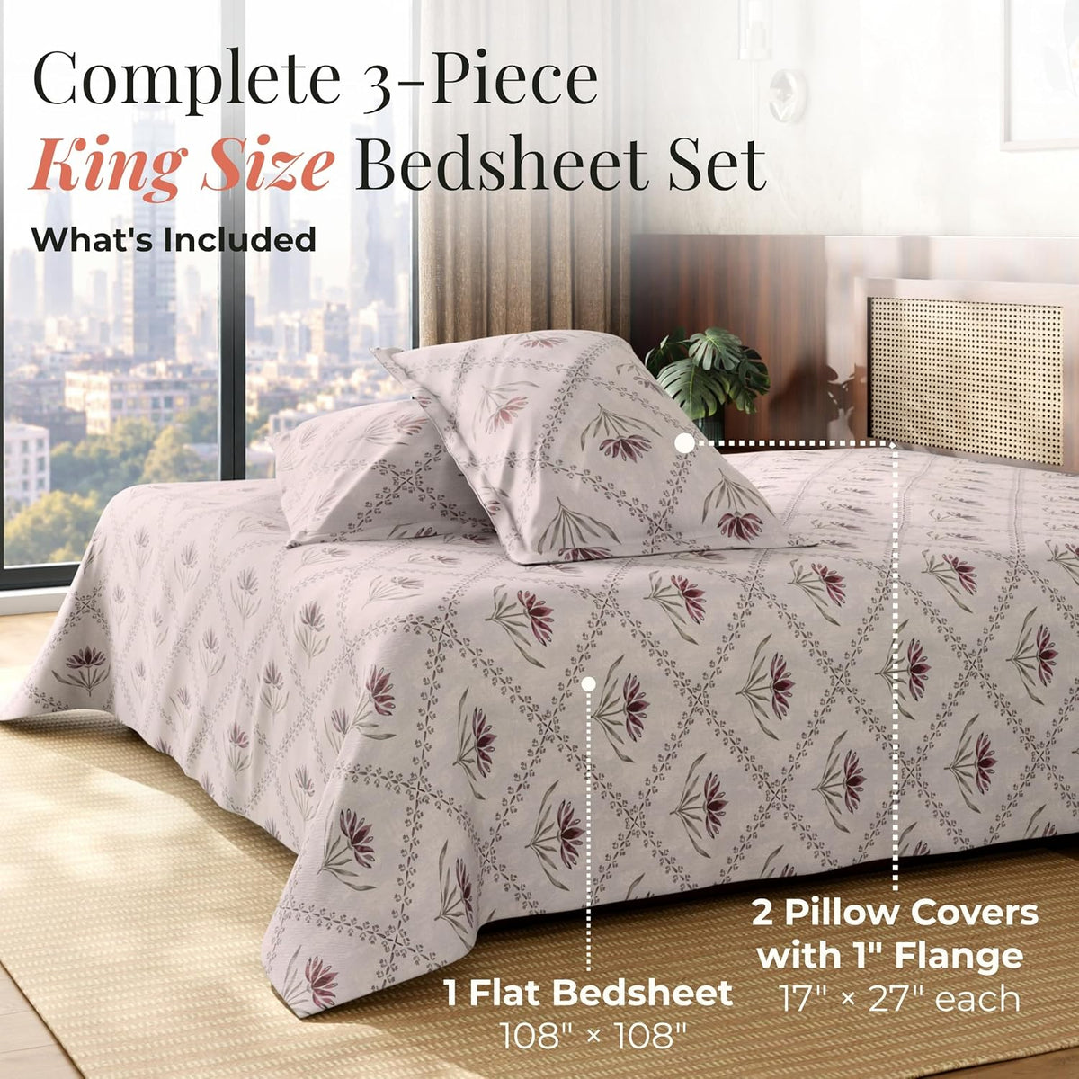 HOKIPO King Size Cotton Bedsheet, 2 Pillow Covers, Lotus, Mauve Plum - image 7