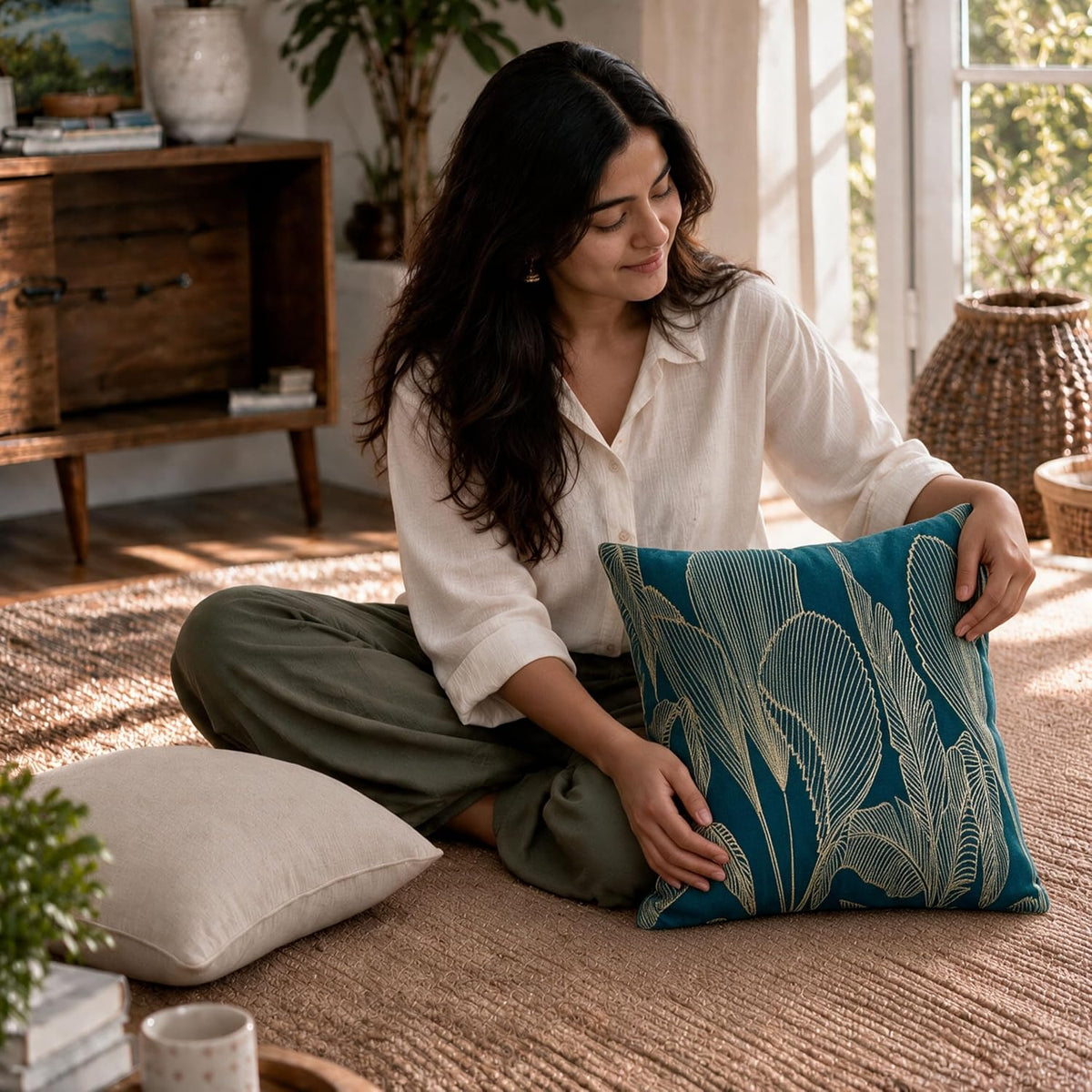 HOKIPO Embroidered Cushion Cover with Foil Print, Tropical Leaf Teal, 16 x 16 in - image 7