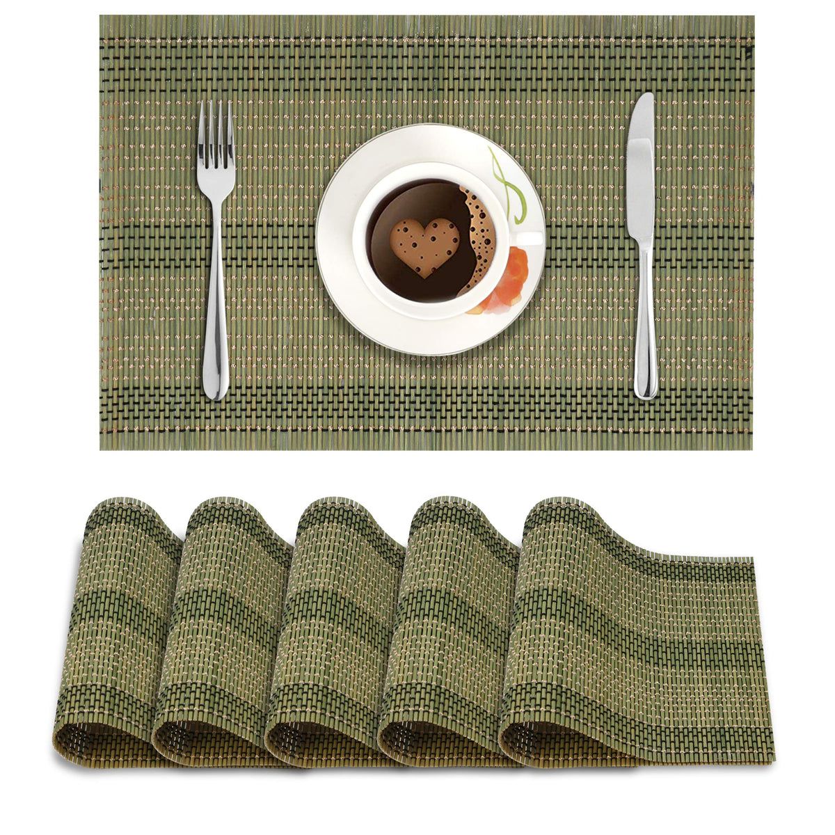 Reversible Bamboo Table Mats for Dining Table, Set of 6 , 45x30 cm, Moss Green