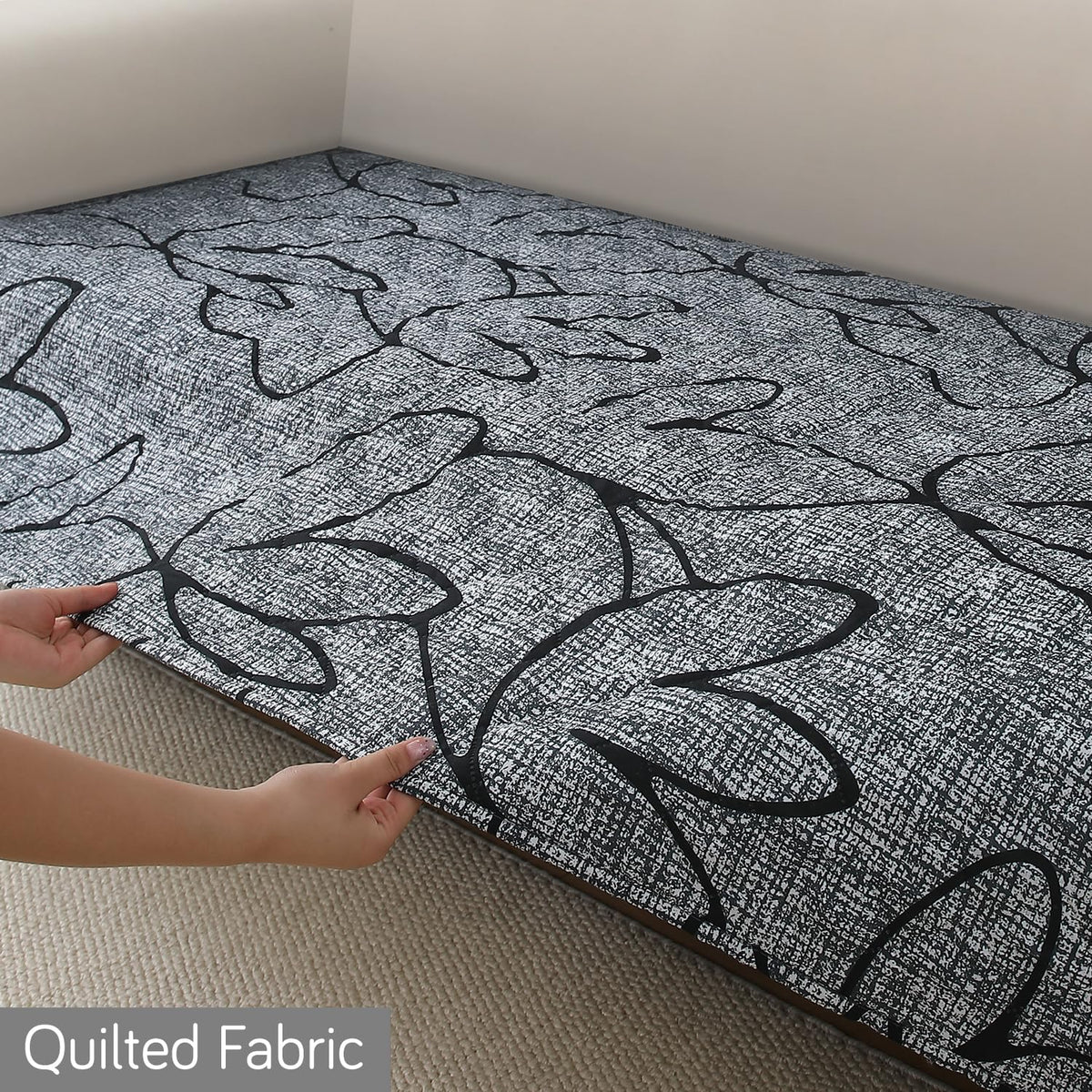 Waterproof Printed Quilted Quick Dry L Shape Sofa Seat Cover Mat, Intense Grey Abstract Floral
