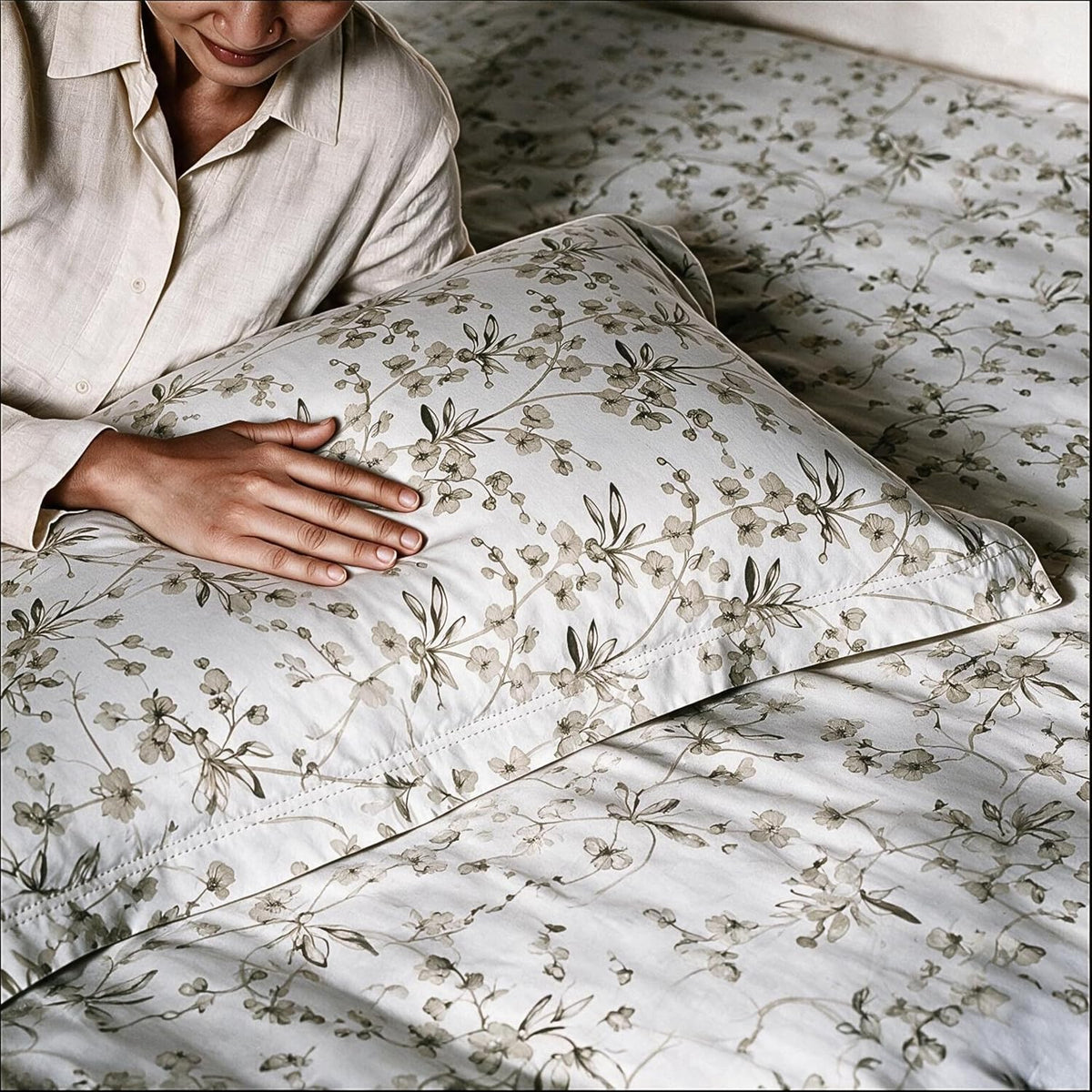 HOKIPO Cherry Blossom 300TC Cotton Sateen Flat Bedsheet, King, Seaweed & Sage - image 7