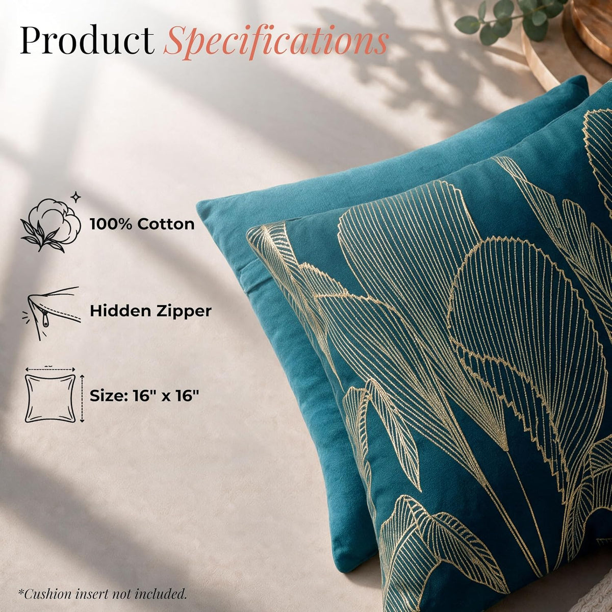 HOKIPO Embroidered Cushion Cover with Foil Print, Tropical Leaf Teal, 16 x 16 in - image 4