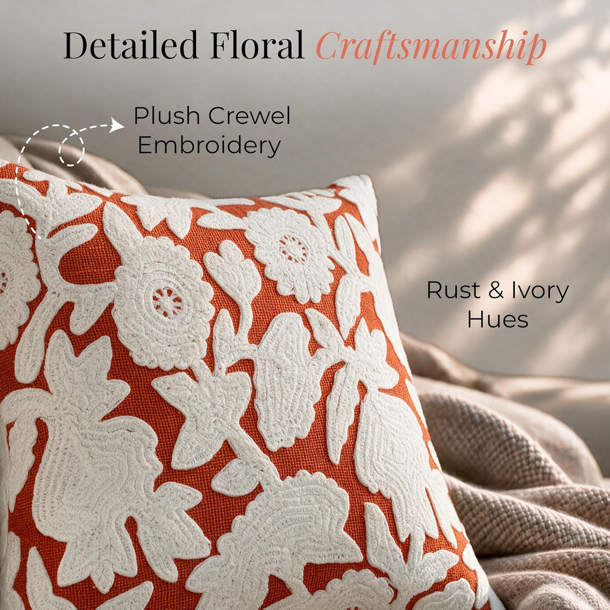 HOKIPO Plush Crewel Embroidery Cushion Cover, Floral Burnt Orange, 16 x 16 in - image 3
