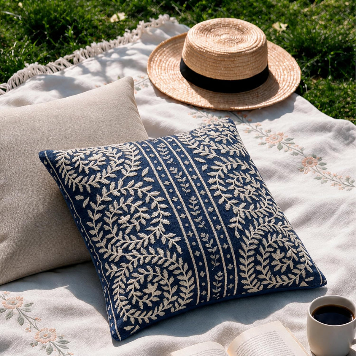 HOKIPO Printed Cushion Cover with Embroidery, Botanical Stripe Blue, 16 x 16 in - image 7