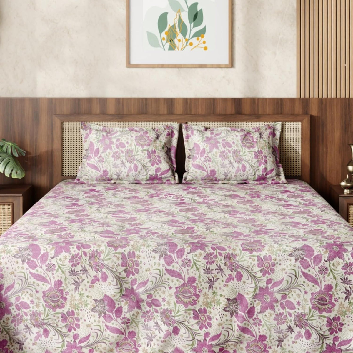 HOKIPO King Size Cotton Bedsheet, 2 Pillow Covers, Etched Botanicals, Plum - image 9