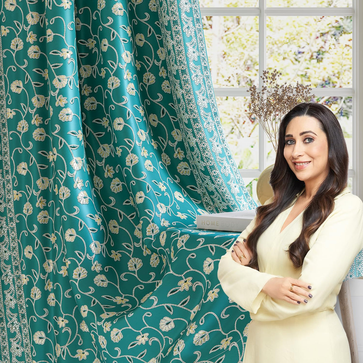 HOKIPO Shahi Bagh Eyelet Curtains, 7 Feet Long - Teal