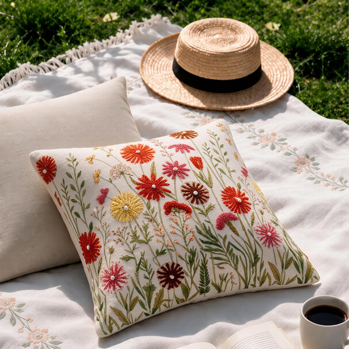 HOKIPO Bouclé Embroidered Cushion Cover, Meadow Multicolor, 16 x 16 in - image 7