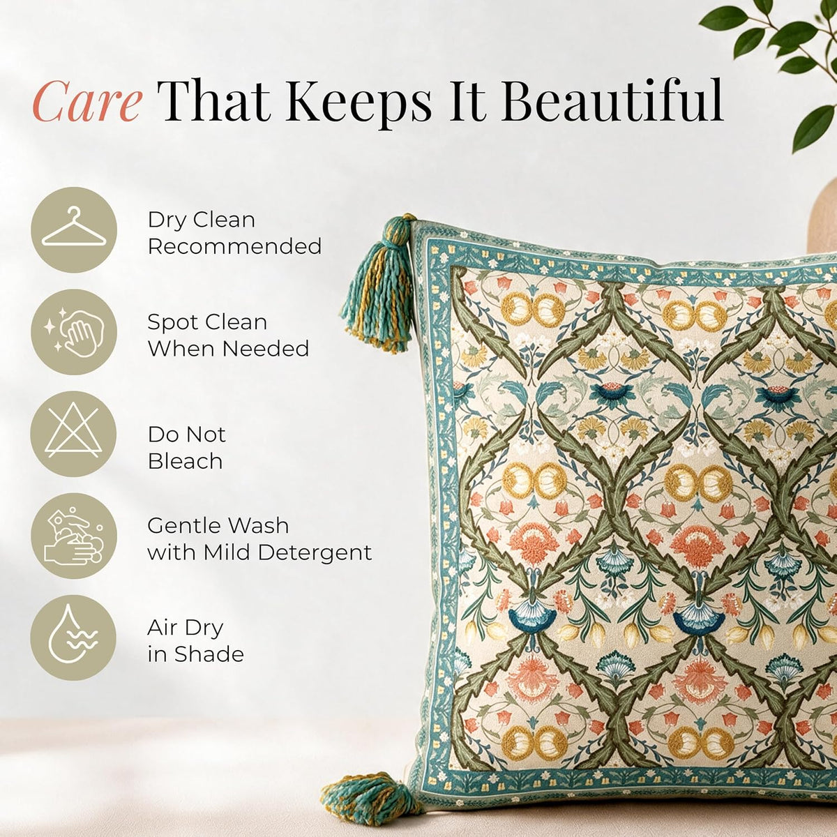 HOKIPO Floral Motif Printed & Embroidered Cushion Cover, Teal, Set of 2 - image 7