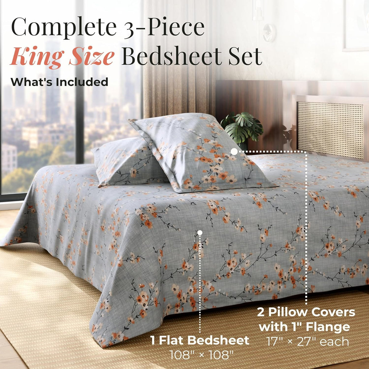 HOKIPO King Size Cotton Bedsheet, 2 Pillow Covers, Sage Sprigs, Sage Blue - image 7