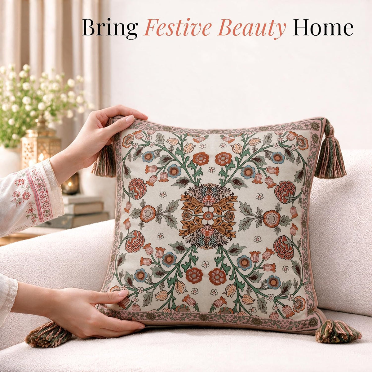 HOKIPO Floral Heritage Printed & Embroidered Cushion Cover, Saffron, Set of 2 - image 2