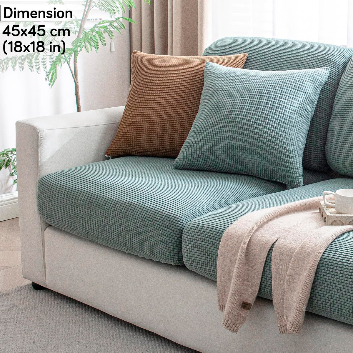 Green Colour Grid Texture Jacquard Sofa Cushion Cover