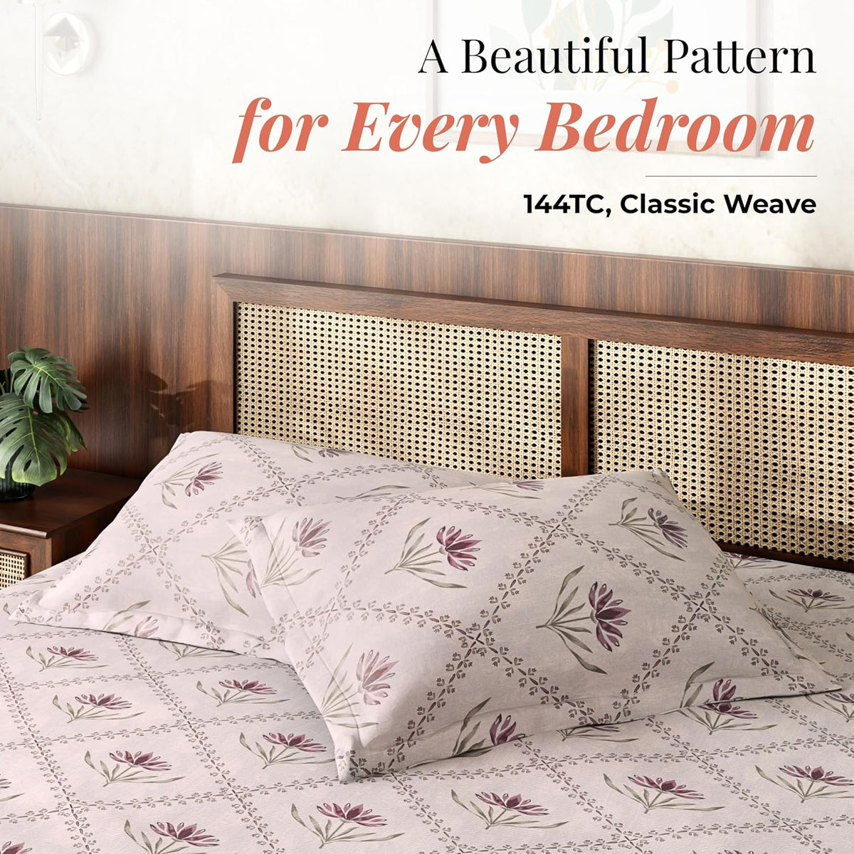 HOKIPO King Size Cotton Bedsheet, 2 Pillow Covers, Lotus, Mauve Plum - image 2