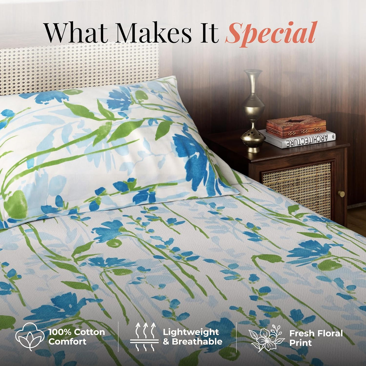 HOKIPO King Size Cotton Bedsheet, 2 Pillow Covers, Floral, Azure Blue - image 4