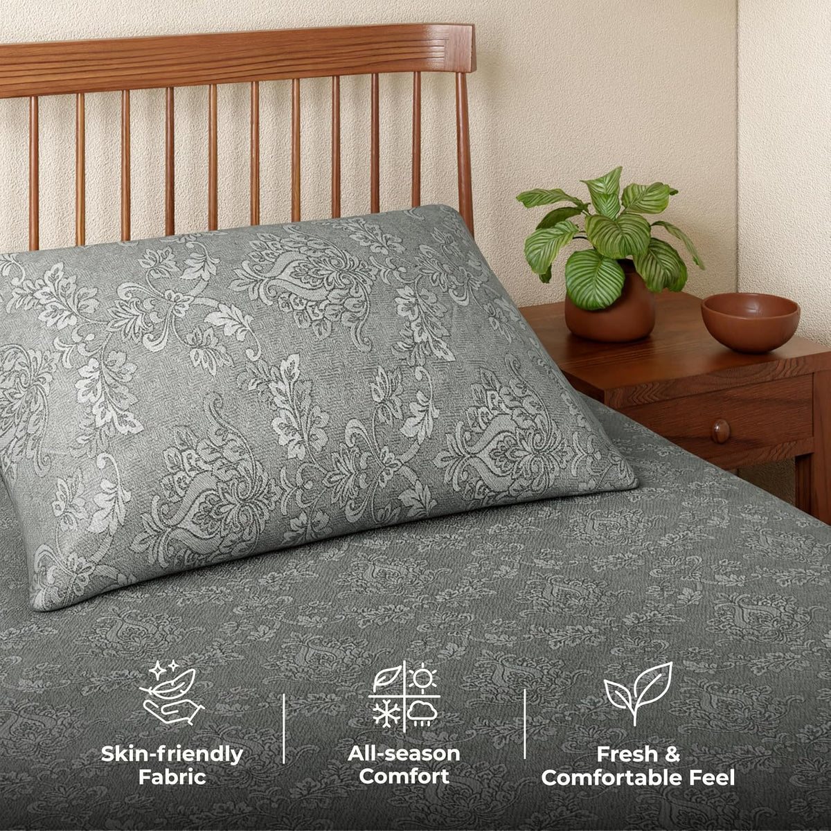 HOKIPO King Size Cotton Bedsheet, 2 Pillow Covers, Reversible, Sage Green - image 6