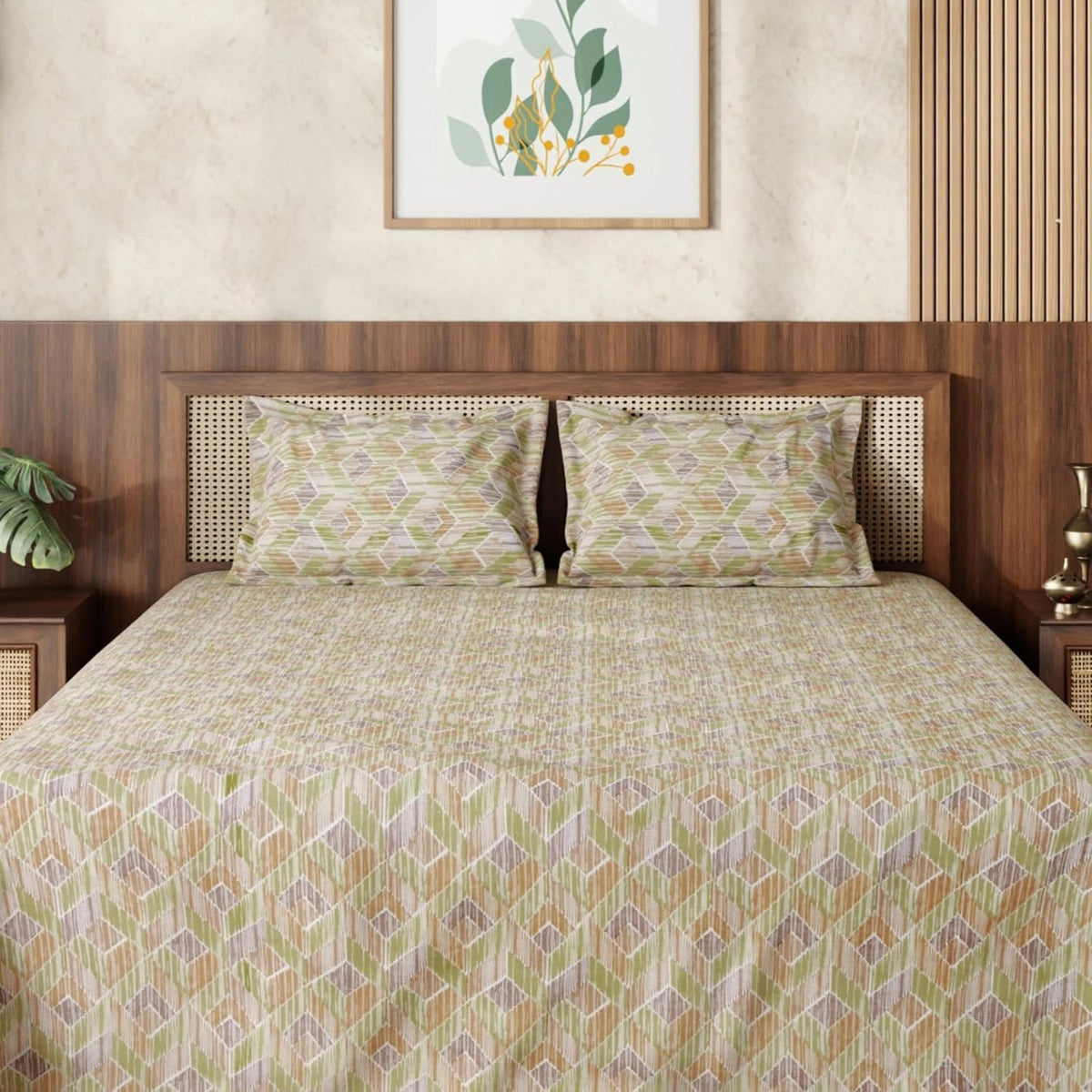 HOKIPO King Size Cotton Bedsheet, 2 Pillow Covers, Geometric, Citrus Sand - image 9
