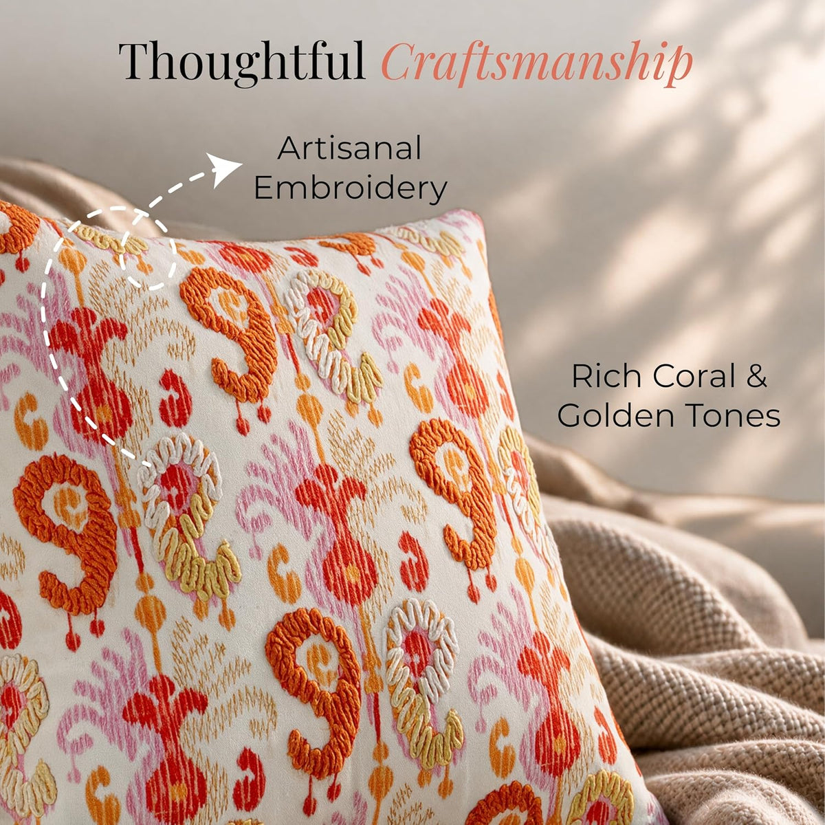 HOKIPO Printed Cushion Cover with Embroidery, Folk Paisley Peach Orange, 16 x 16 in - image 3