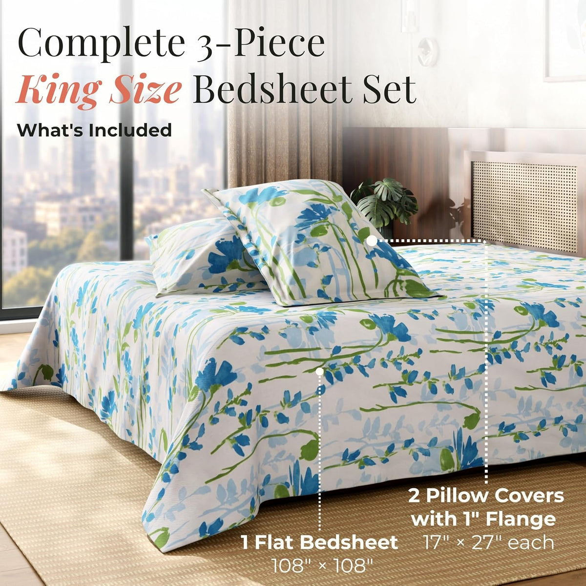 HOKIPO King Size Cotton Bedsheet, 2 Pillow Covers, Floral, Azure Blue - image 7