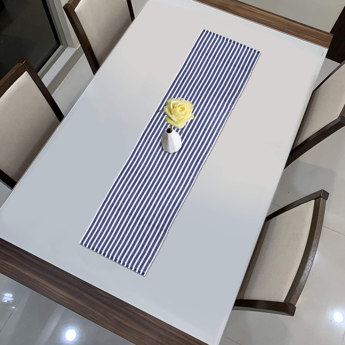 Buy Blue Colour Cotton Ribbed Dining Table Runner - HOKIPO | Har Ghar ka Humsafar