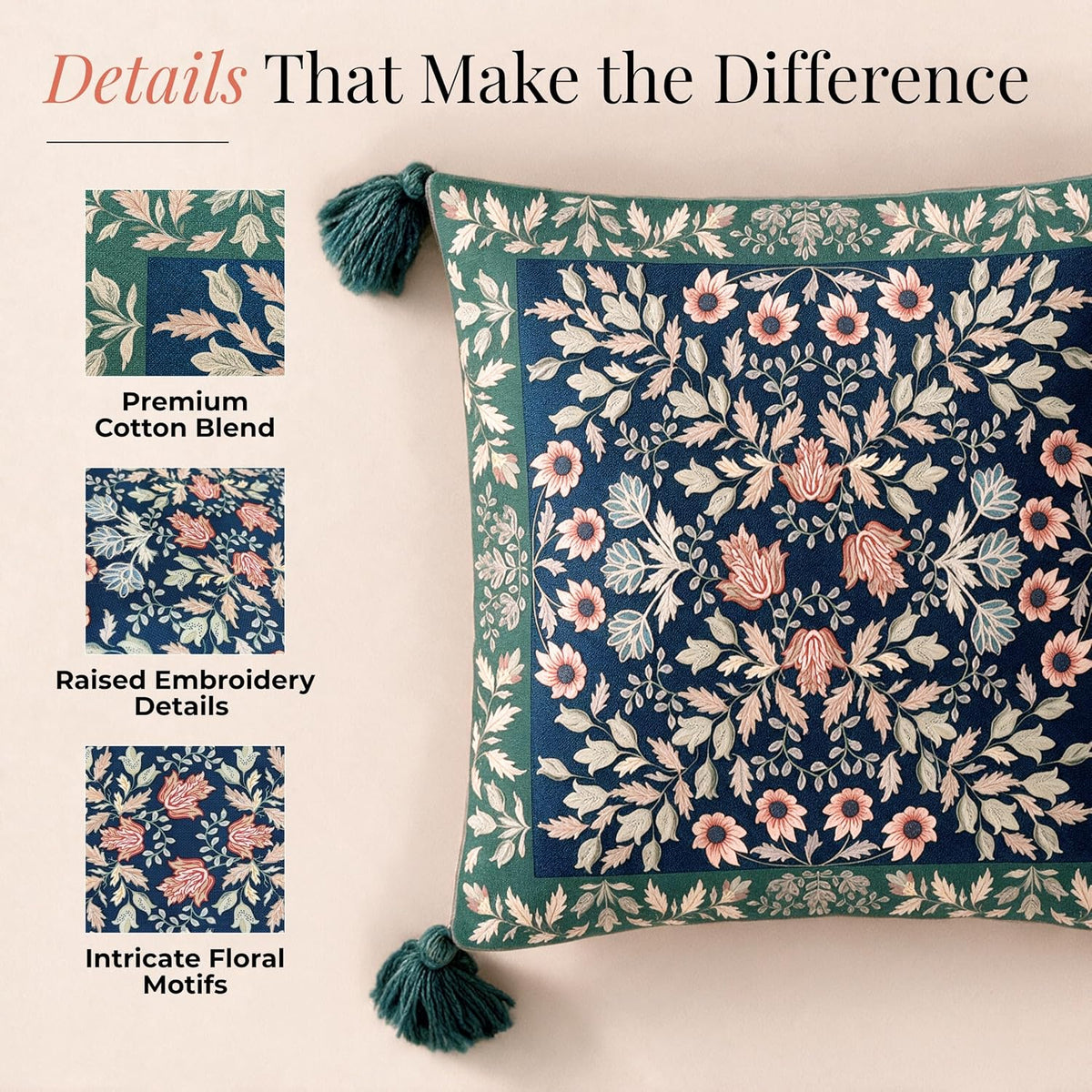 HOKIPO Floral Printed & Embroidered Cushion Cover, Midnight Blue, Set of 2 - image 3