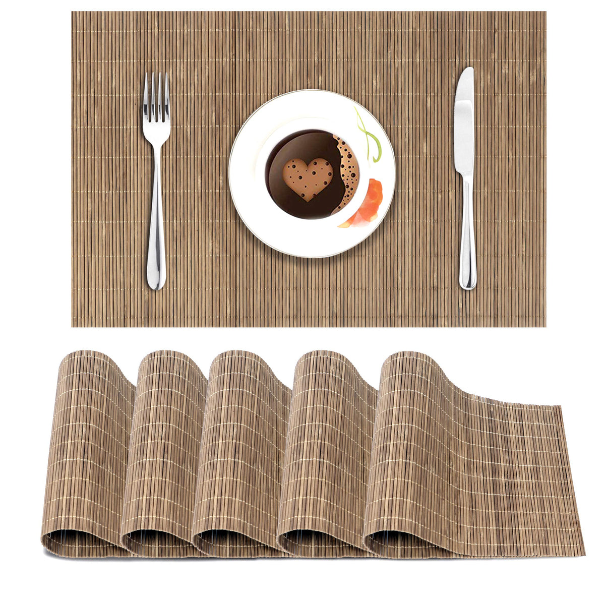 Brown Colour Reversible Bamboo Table Mats For Dining Table, Set Of 6 
