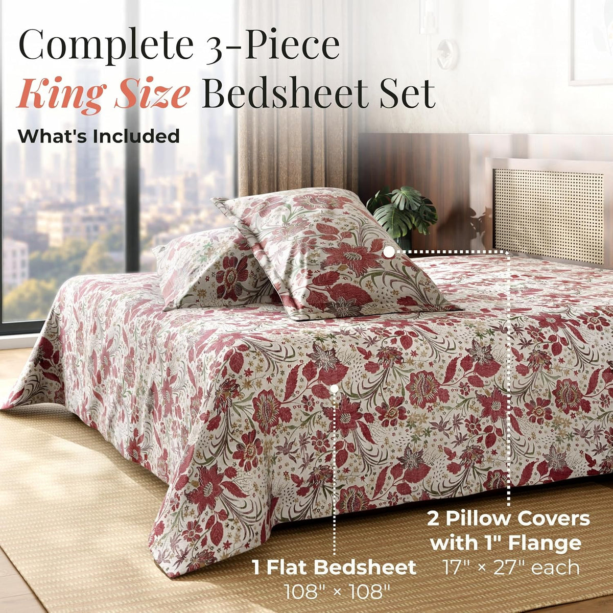 HOKIPO King Size Cotton Bedsheet, 2 Pillow Covers, Etched Floral, Raspberry - image 7