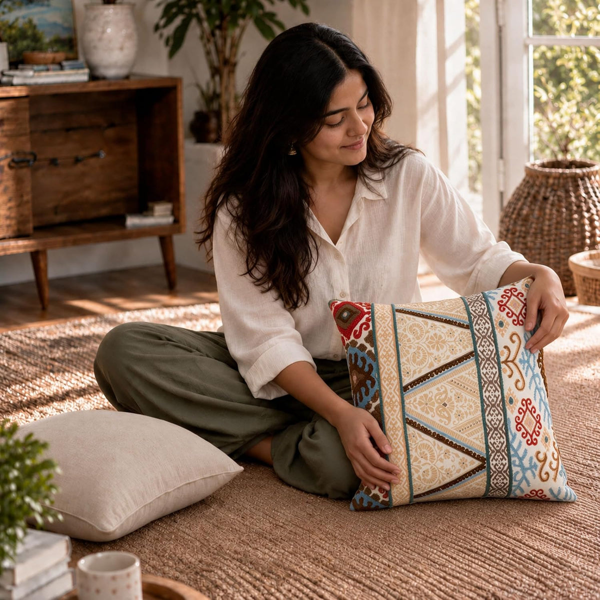 HOKIPO Bouclé Embroidered Cushion Cover, Geometric Stripe Beige, 16 x 16 in - image 7
