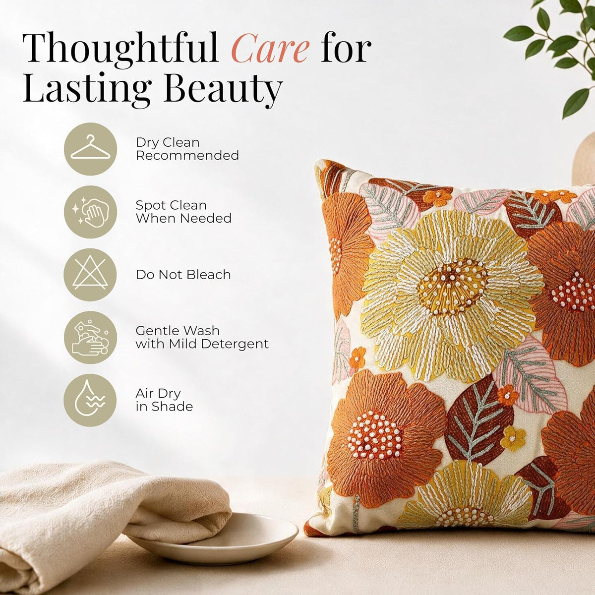 HOKIPO Printed Cushion Cover with Embroidery, Tropical Bloom Orange, 16 x 16 in - image 6