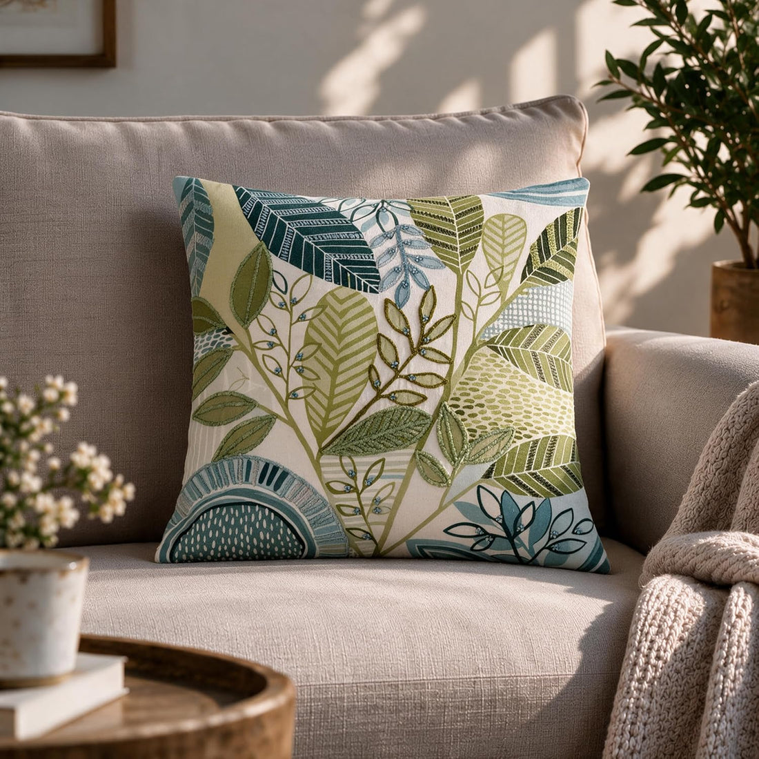 HOKIPO Chenille Embroidery Cushion Cover, Leafscape Green, 16 x 16 in - image 1
