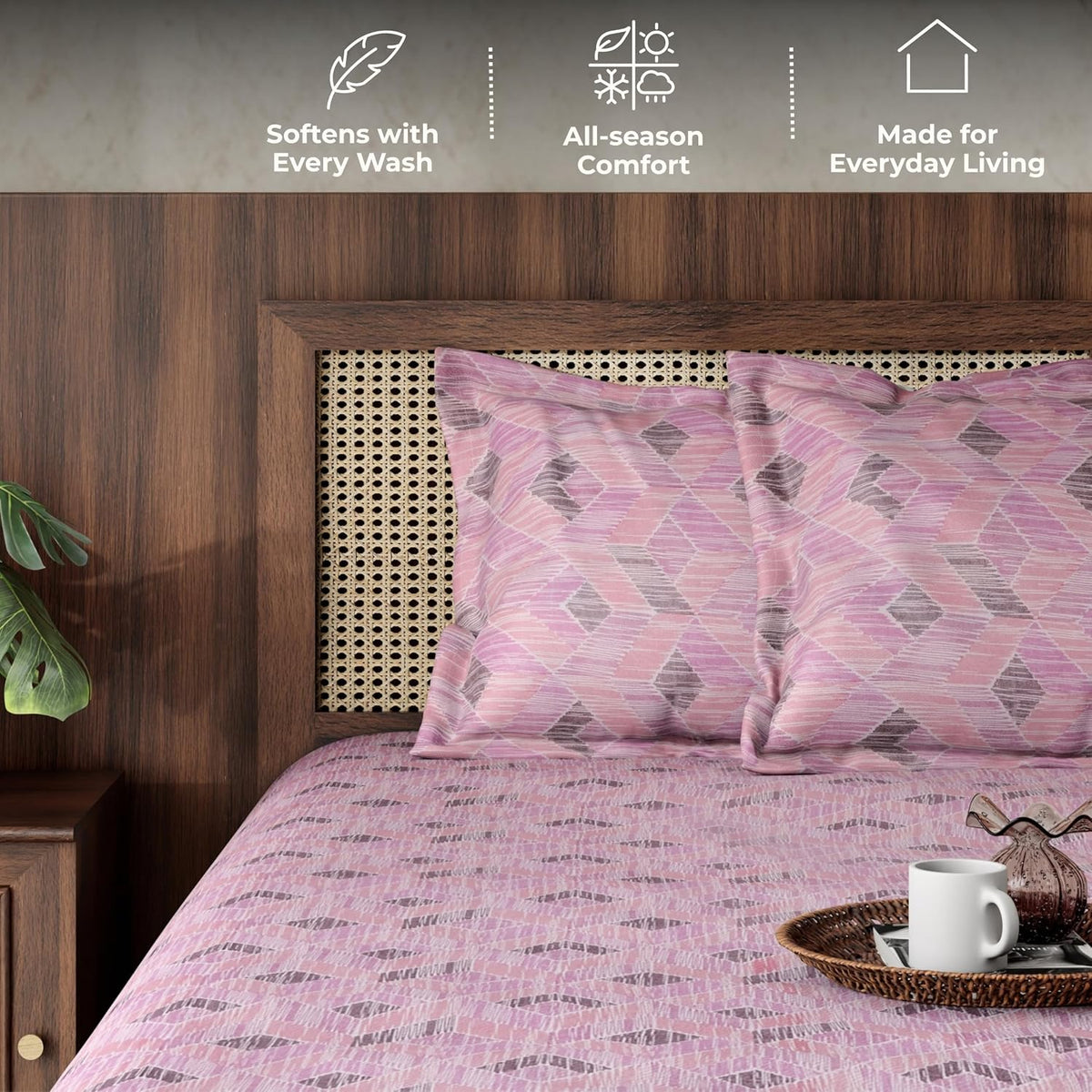HOKIPO King Size Cotton Bedsheet, 2 Pillow Covers, Linear Geometry, Rose - image 6
