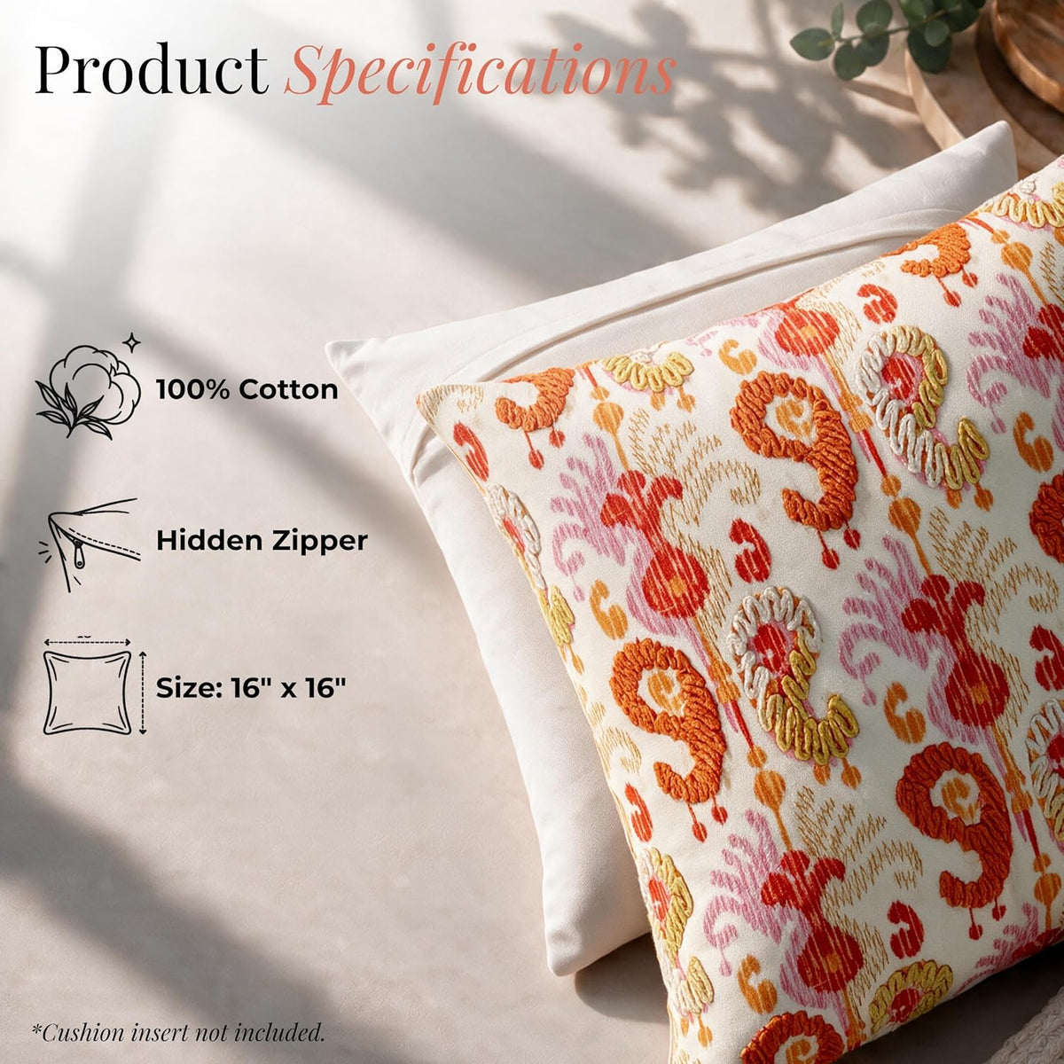 HOKIPO Printed Cushion Cover with Embroidery, Folk Paisley Peach Orange, 16 x 16 in - image 4