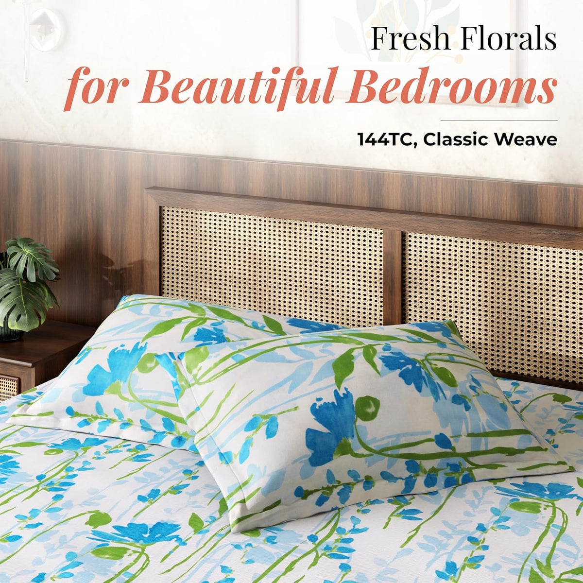 HOKIPO King Size Cotton Bedsheet, 2 Pillow Covers, Floral, Azure Blue - image 2