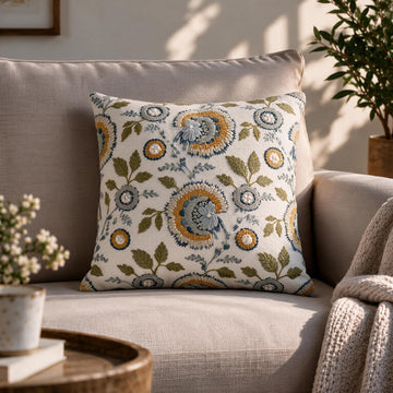 HOKIPO Chenille Embroidered Cushion Cover, Floral Motif Sage Blue, 16 x 16 in - image 1