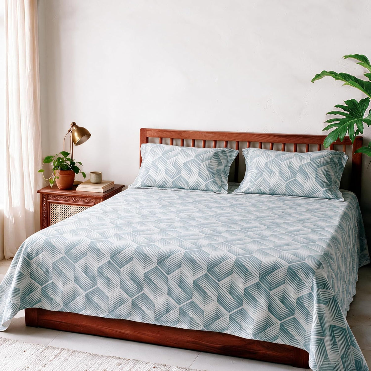 HOKIPO Geometric 210 TC Cotton Sateen Flat Bedsheet, King Size, Teal Eggshell - image 1