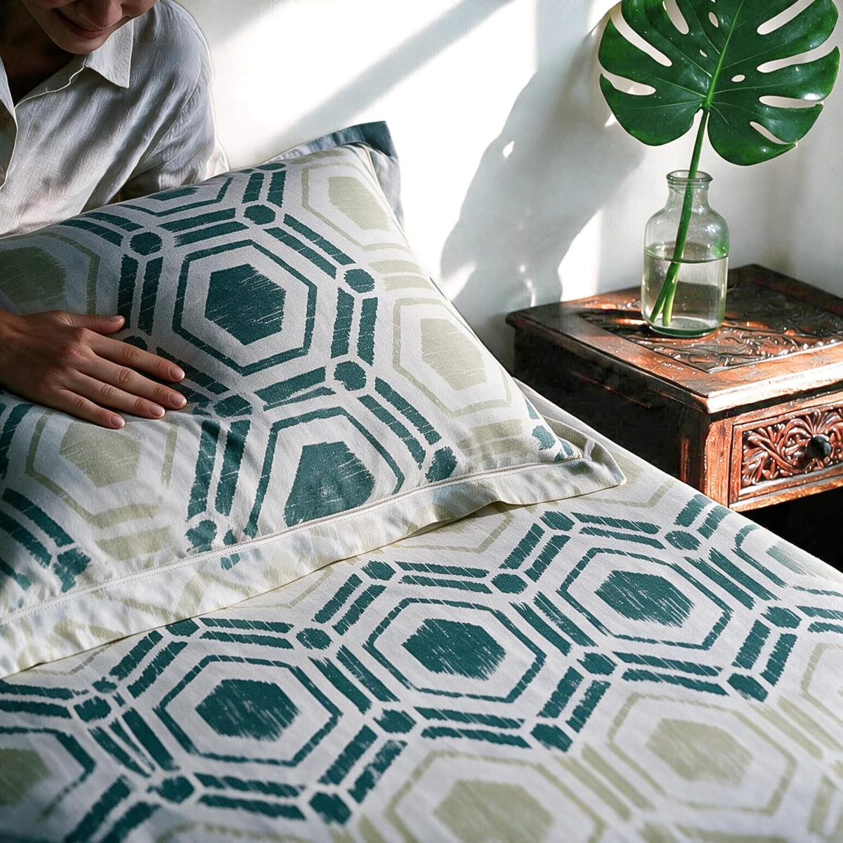 HOKIPO Geometric 180 TC Cotton Percale Flat Bedsheet, King Size, Green Teal - image 7